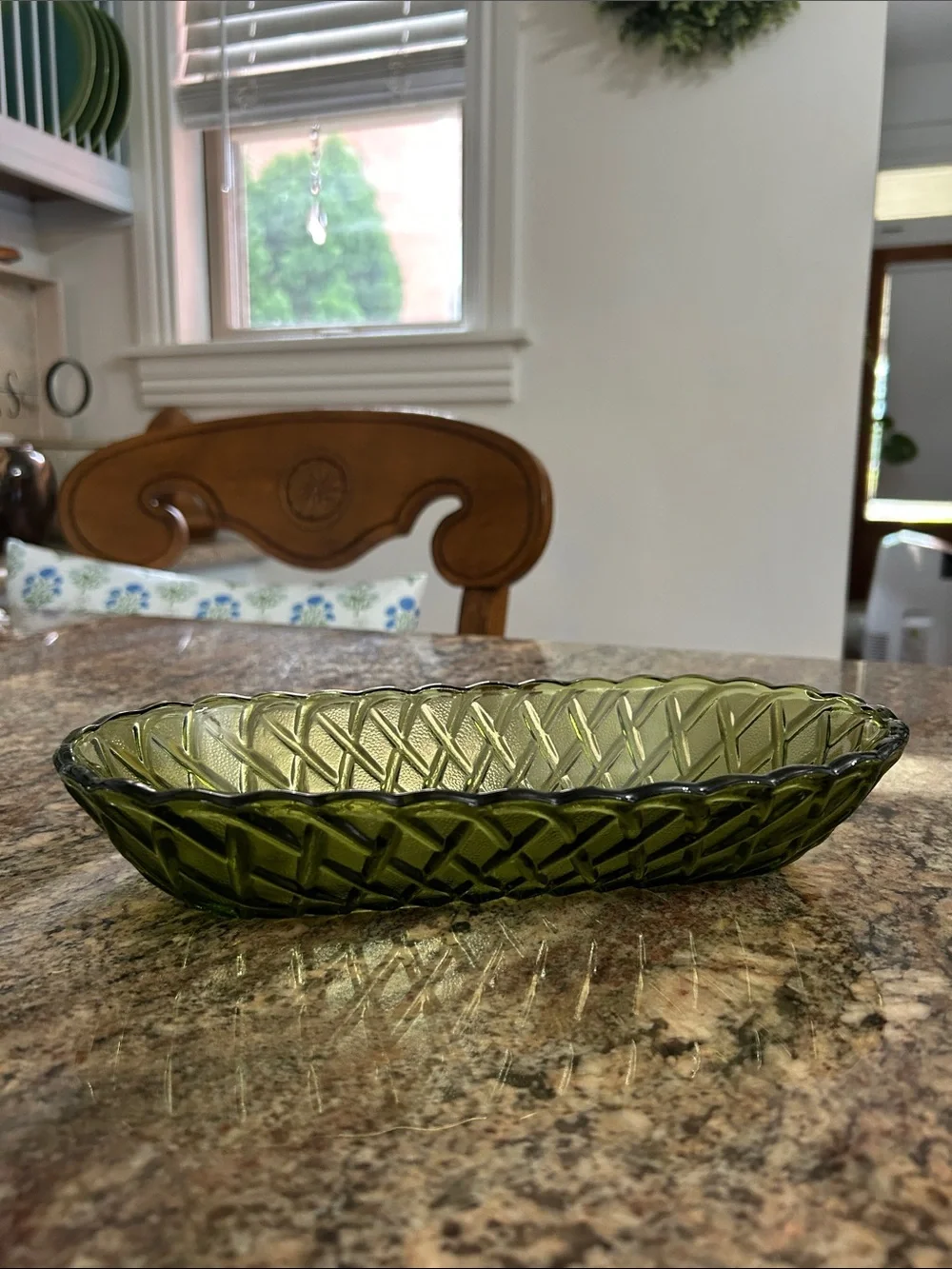 Indiana Glass Olive Green Basketweave Patterned Glass Oval Dish